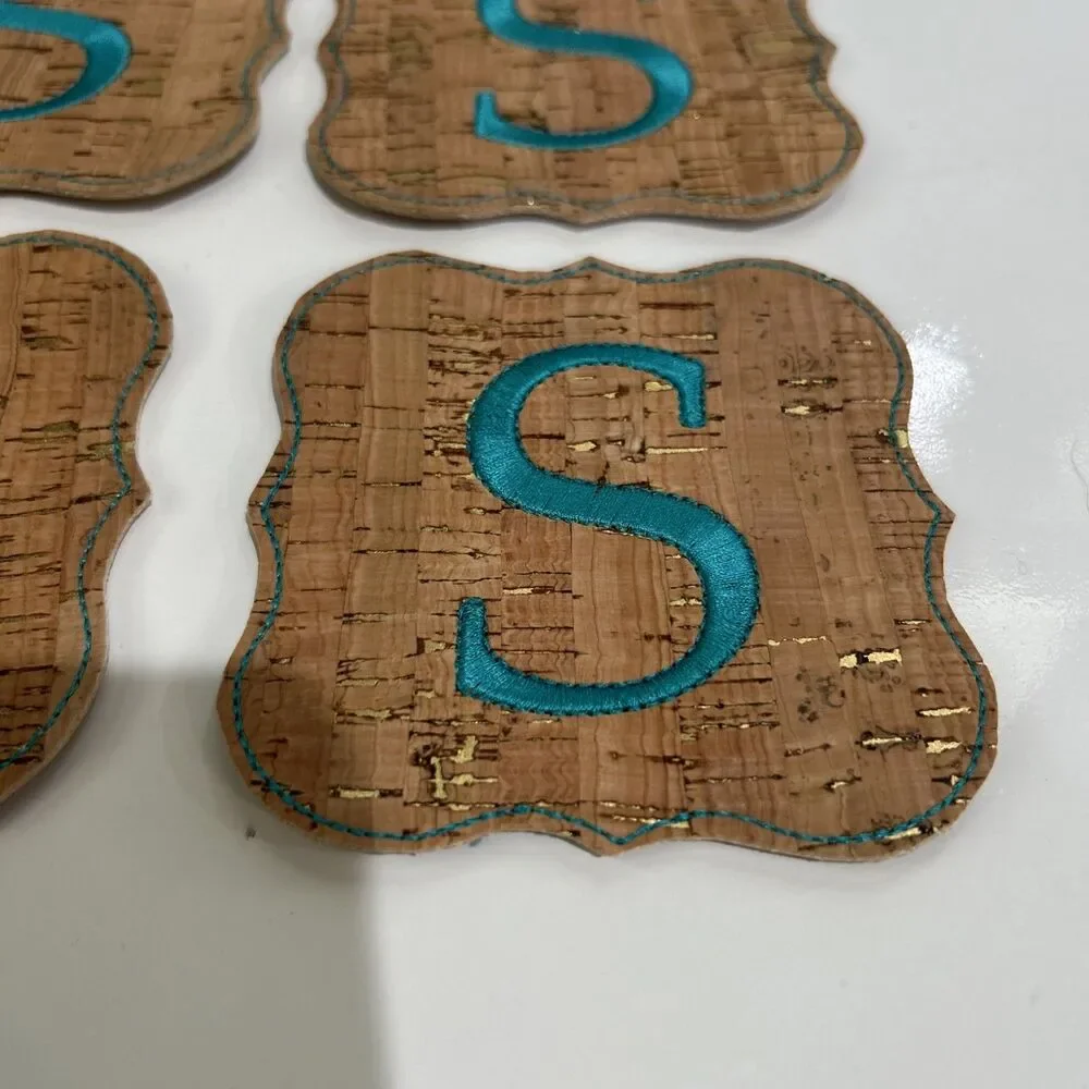 Handmade Embroidered Cork Coasters Monogram Turquoise Initial S Set of 6